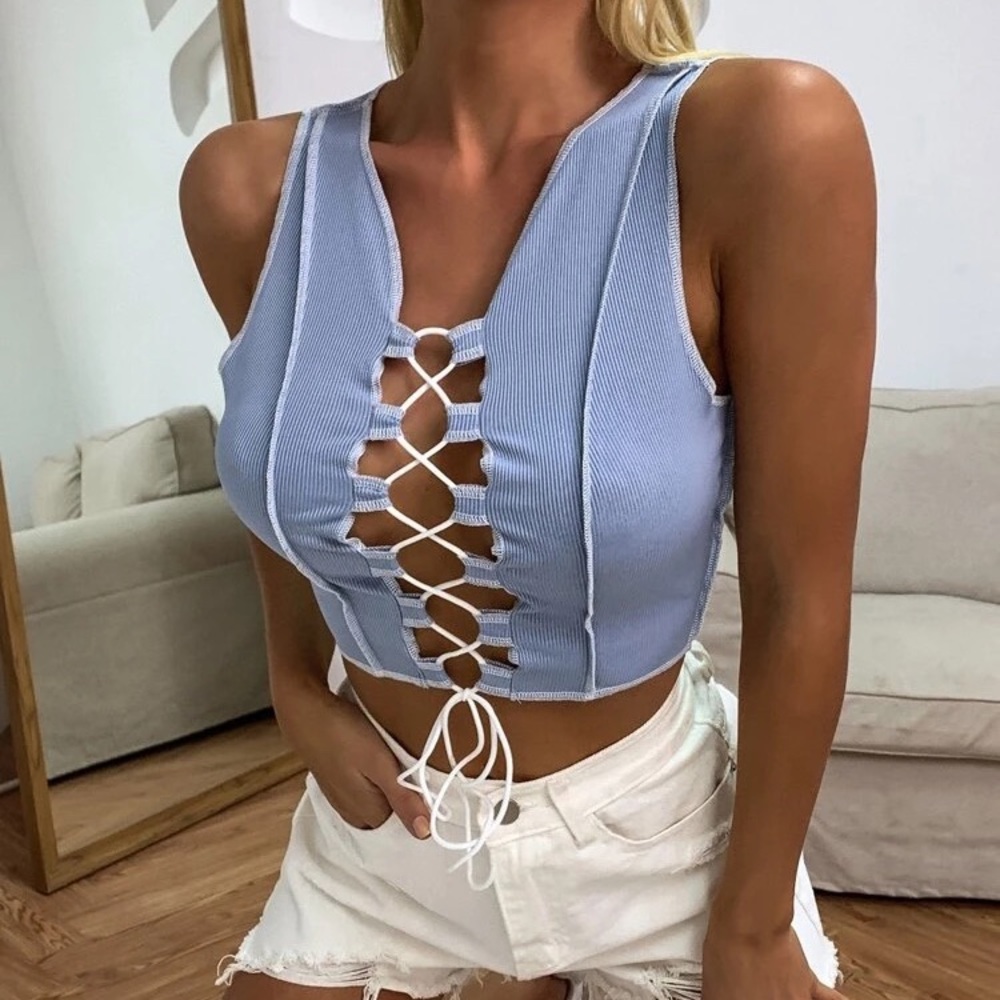 Shein white and blue tie up top